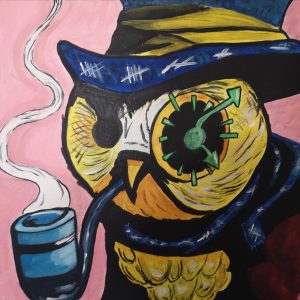 Cuadro pintado a mano, buho señorial con pipa