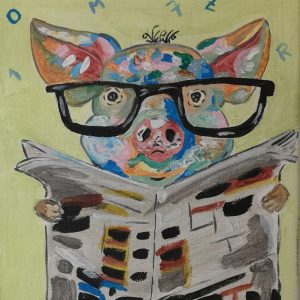 Cuadro pintado a mano, cerdito leyendo el periodico