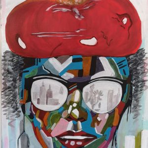 Cuadro pintado a mano, rostro femenino estilo collage con sombrero de manzana