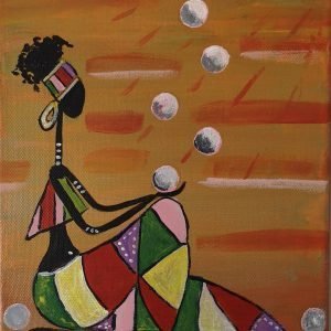 Cuadro pintado a mano, mujer jugando con bolas de algodón