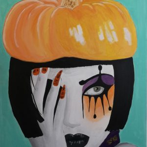 Cuadro pintado a mano, rostro femenino disfrazado de payaso con una calabaza como sombrero