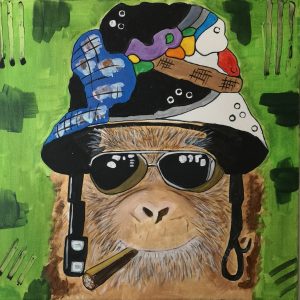 Cuadro pintado a mano, mono con casco militar adornado