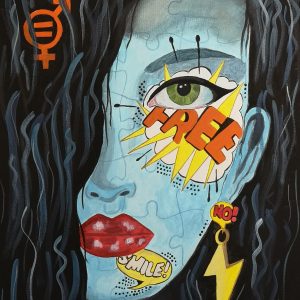 Cuadro pintado a mano, rostro femenino estilo combinado cyberpunk y comic