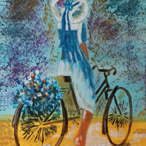 Cuadro pintado a mano, mujer montando en bicicleta